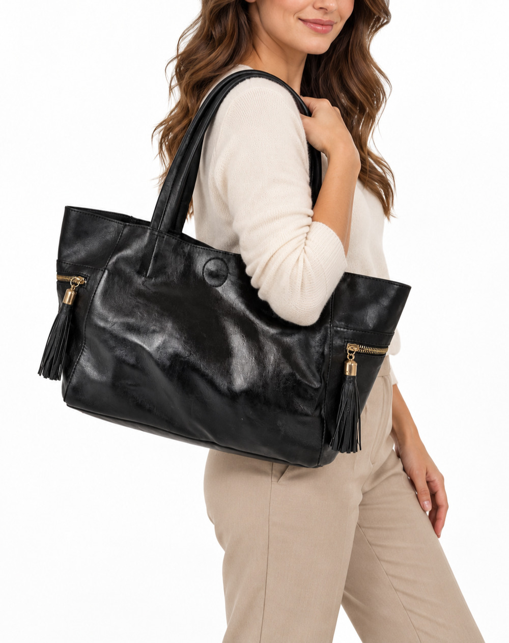 Emperia Black Vegan Leather Tote Bag Gold Zip Tassels NWT Large Shoulder
